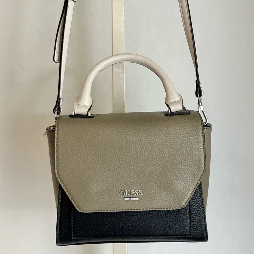 Guess Two-tone Crossbody Bag with Handle, Taupe, Off-White, Black